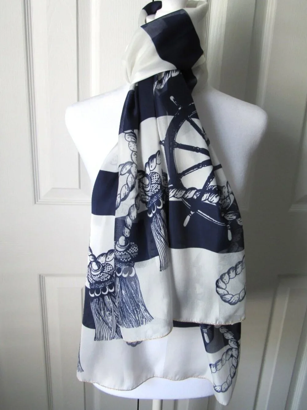 Nautical Blue & White Italy Scarf 100% Polyester Coastal Grandmother Sailing